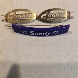 Hair Barrettes Set of 2 Sandra Gold Tone Metal Single Sandy Purple Plastic 1980s